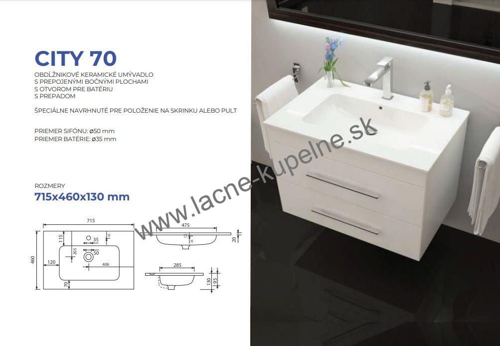 CITY70 obdĺžnikové keramické umývadlo 715x460x130 mm + Skrinka ENERGY2 700 závesná biela lesklá