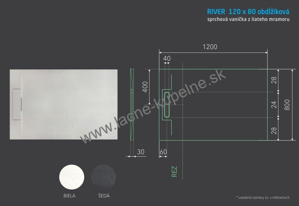 RIVER 120x80 cm AQUATEK sprchová vanička obdĺžniková šedá + Sifón
